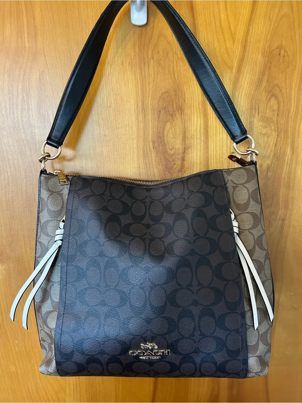 Coach Brown Signature Canvas Shoulder Bag with Black Strap and Gold Hardware